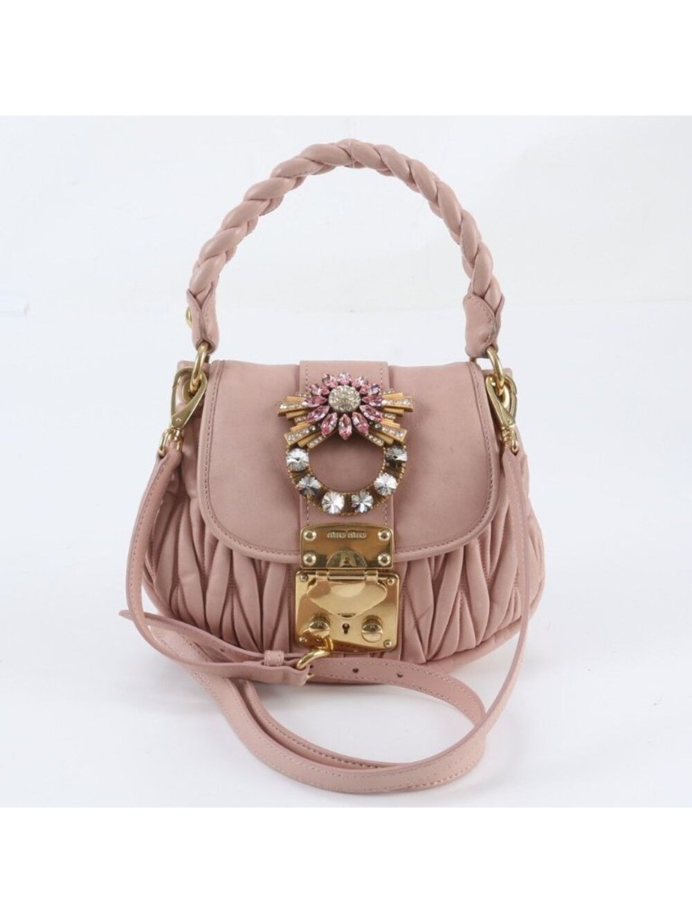 Miu Miu Matelasse Crystal Bijou Leather 2-Way Shoulder Bag Crossbody Hand